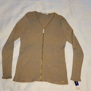 Nygard Sweater Gold Metallic Knit‎ Ribbed Fitted Long Sleeve Full Zip New NWT